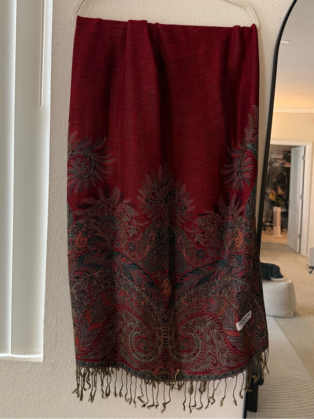 Pashmina Reversible Paisley Shawl Wrap Burgundy Sage Fringe Boho - Picture 5 of 9